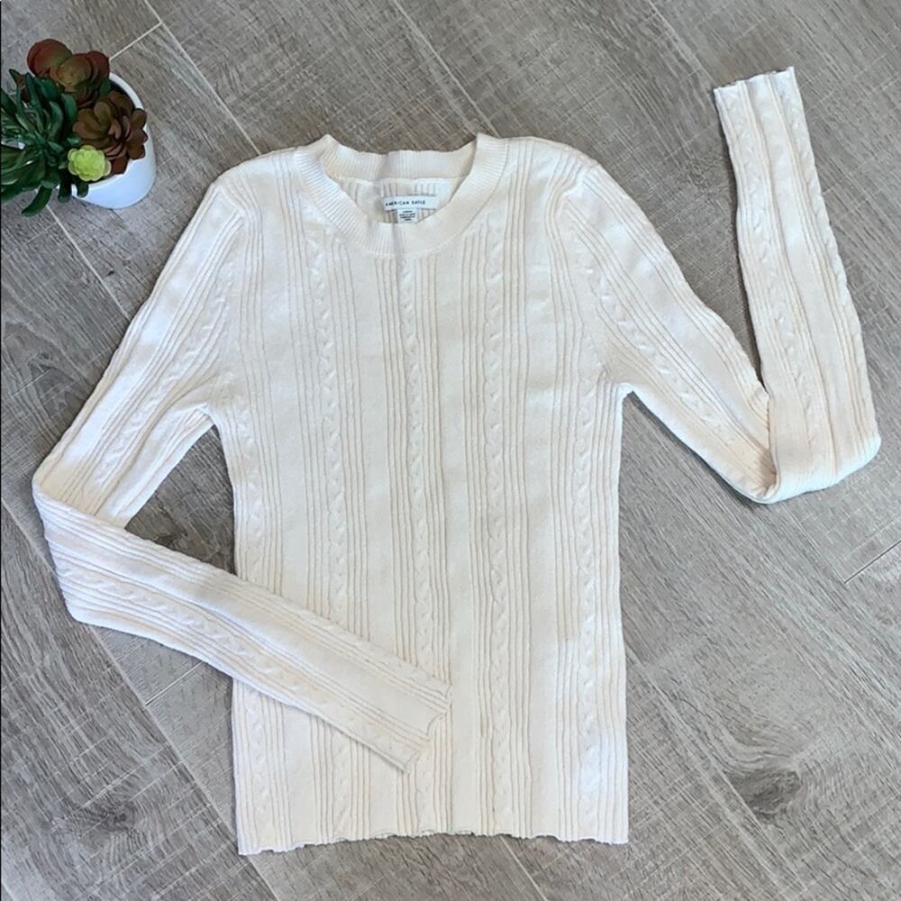 AMERICAN EAGLE Women's Cream Crew Neck Long Sleeve Cableknit Sweater Top